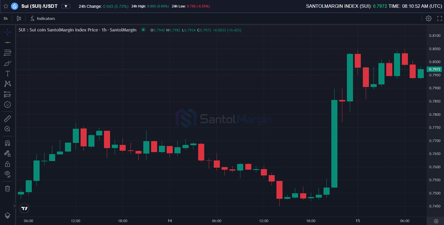 SUI/USDT 1-hour price chart on SantolMargin showing consolidation between $0.93 and $0.97 in late April 2026